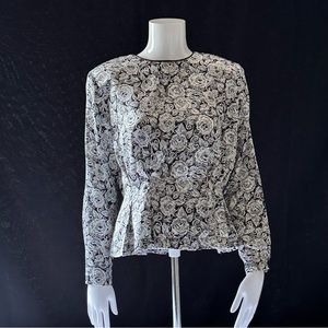 VTG Josephine satin black white floral blouse with pleated peplum women’s size 6